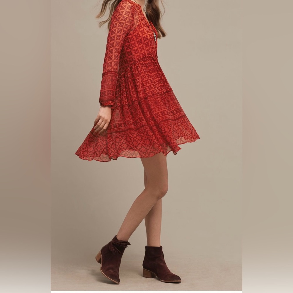 Anthropologie Maeve Canna Swing Sheer Chiffon Dress w/slip in Red Motif